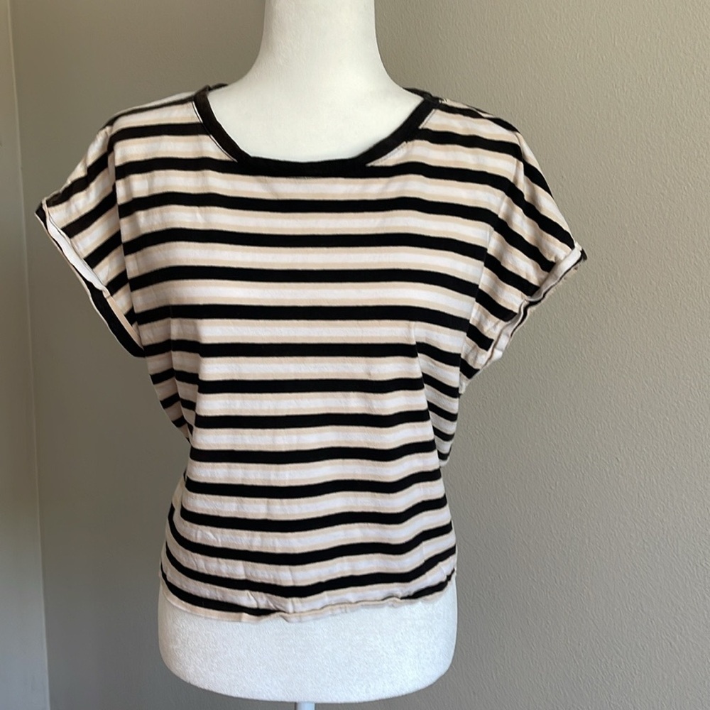 Zara Striped Black and Cream Women's Top Size L